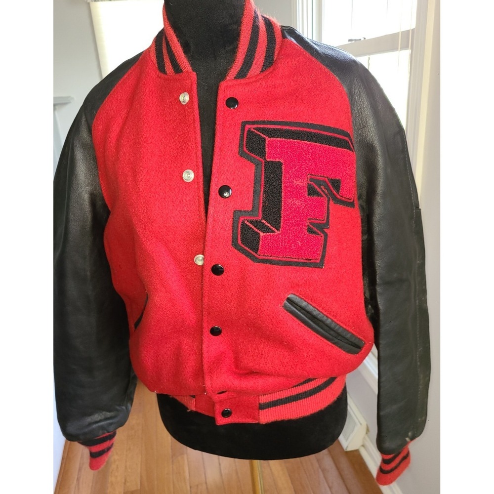 Vintage 70s‎ hatchers wool leather varsity letterman red black jacket size 38